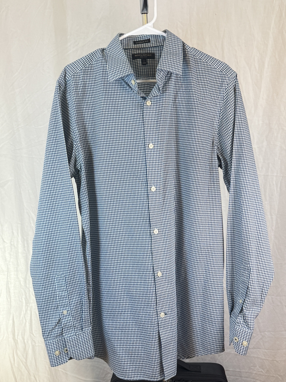 Banana Republic Camden Fit Blue and White Micro Check Dress Shirt sz L Tall